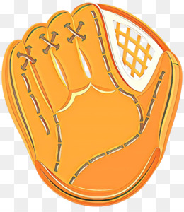 Orange cartoon-style baseball glove with white webbing and detailed stitching.