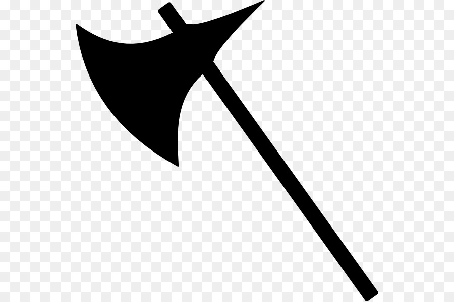 Black silhouette of a battle axe with curved blade and long handle on transparent background.
