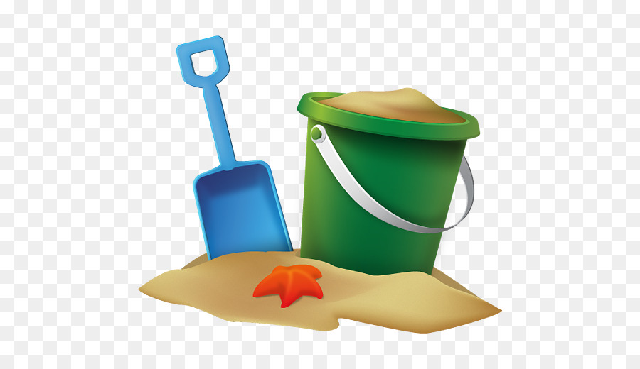 Blue plastic shovel, green bucket with sand, and orange starfish on a sandy patch.