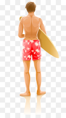 Back view of a man in red palm-print board shorts holding a yellow surfboard, standing barefoot on reflective surface.
