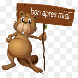 A cartoon beaver holding a wooden sign that reads "bon après midi" (good afternoon in French).