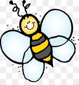 Cheerful cartoon bee with yellow-black stripes, smiling face, and translucent wings on transparent background.