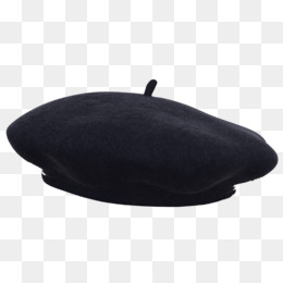 Classic black wool beret with soft texture and small fabric tab on top, isolated on transparent background.