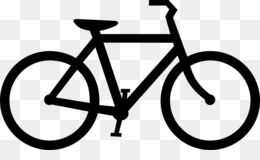 Simple black silhouette of a classic bicycle with two wheels, frame, handlebars, and pedals on transparent background.