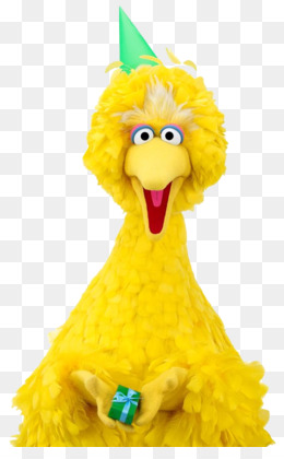 Big Bird from Sesame Street wearing a green party hat and holding a wrapped gift, smiling joyfully.