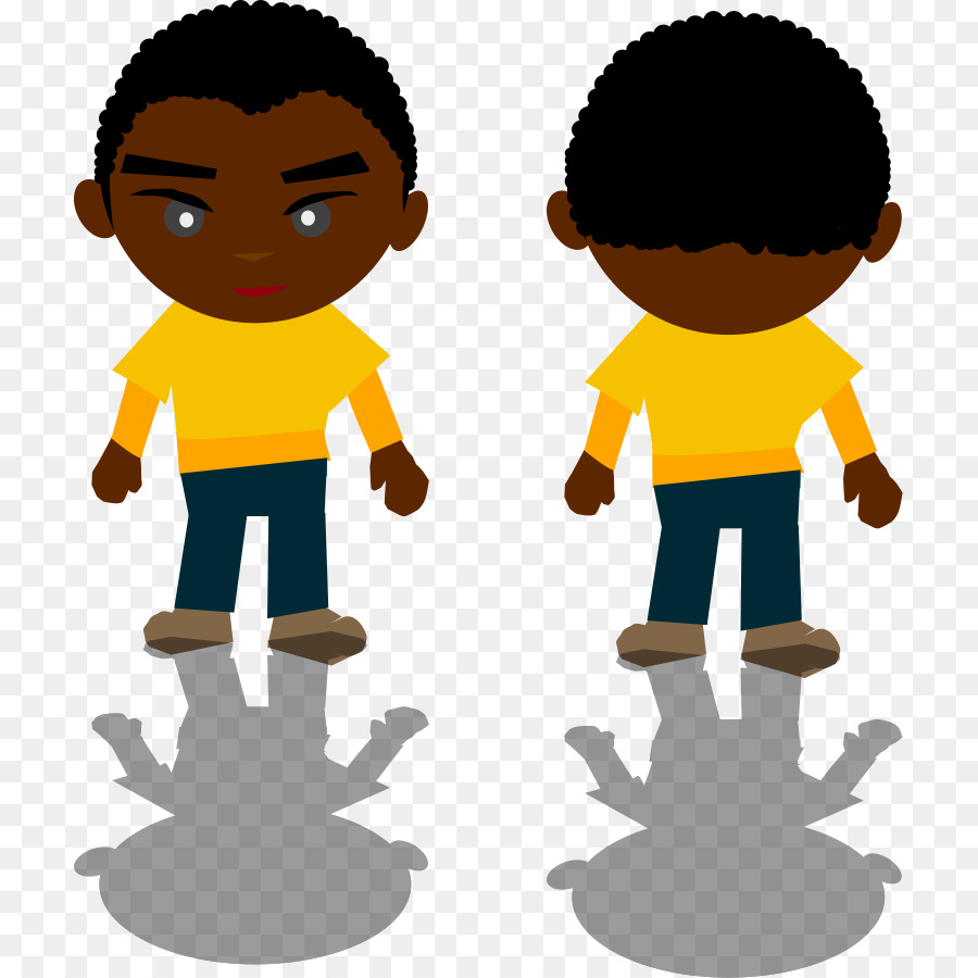 Cartoon boy with afro hair, yellow shirt, blue pants-front and back views with shadow reflections.