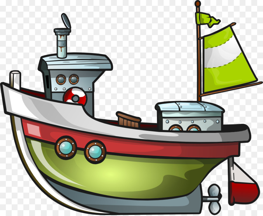 Cartoon-style green and red tugboat with flag, lifebuoy, and propeller on transparent background.