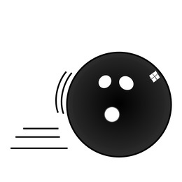 A black bowling ball with three finger holes rolling left, motion lines indicating movement, and a small white logo on its surface.