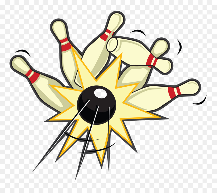 Bowling ball striking pins in explosive cartoon style with starburst effect and motion lines.