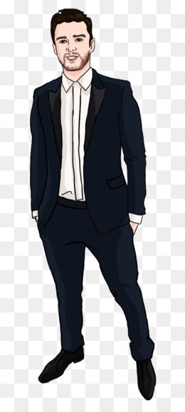 Illustrated man in navy suit with white shirt, hands in pockets, confident pose on transparent background.