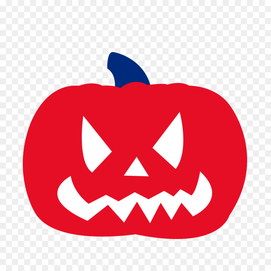 Red cartoon jack-o'-lantern with white triangular eyes, nose, and jagged grin; blue stem on transparent background.