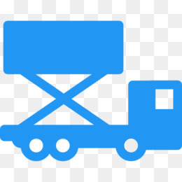 Blue icon of a scissor lift truck with raised platform on transparent background.