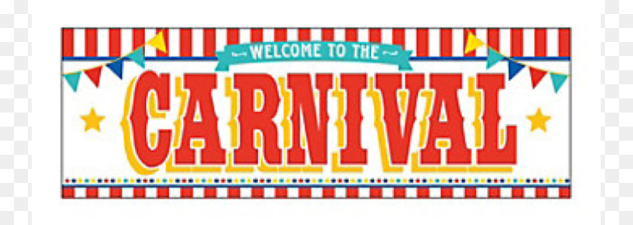 Colorful carnival banner with red-and-white stripes, bunting flags, and bold "CARNIVAL" text in red with yellow outline.
