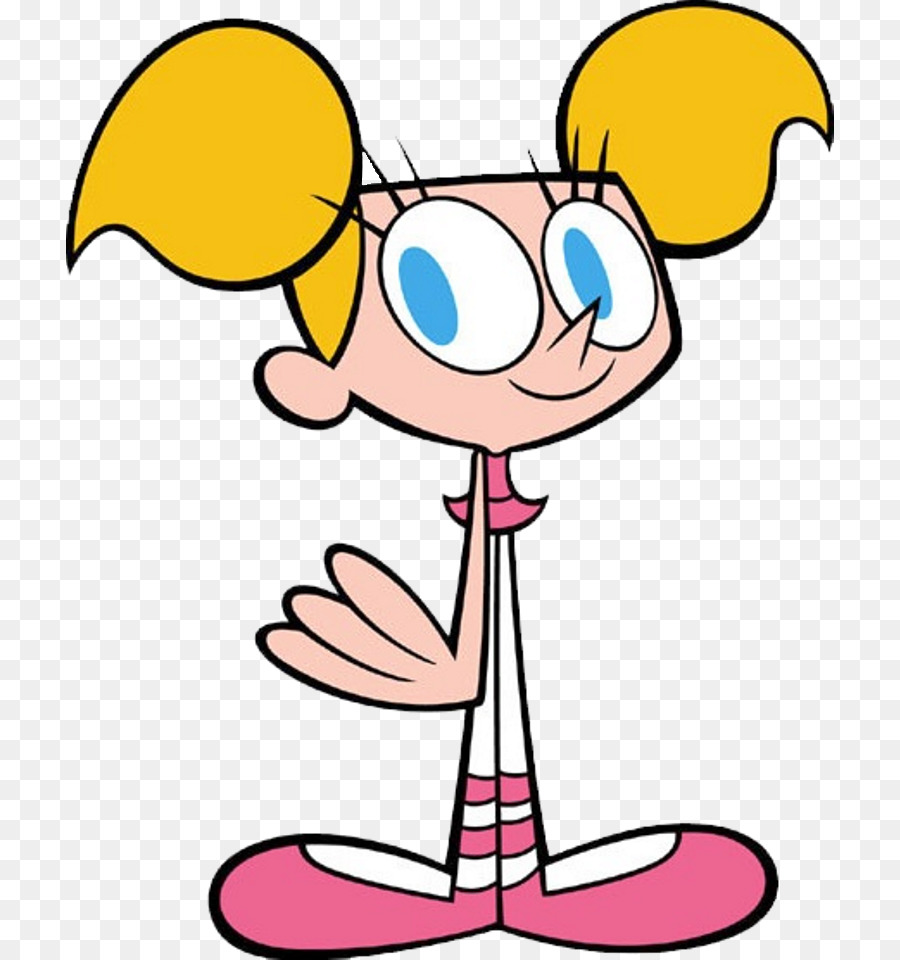 Dee Dee from Dexter’s Laboratory, a cartoon girl with blonde pigtails, large blue eyes, and pink outfit, waving cheerfully.