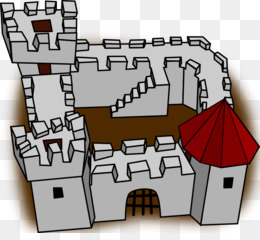 Cartoon-style medieval castle with gray stone walls, red conical roof, and arched wooden gate.