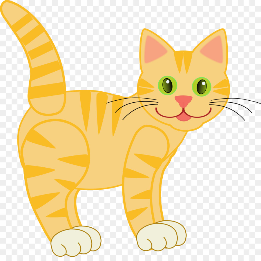 Cheerful orange tabby kitten with green eyes, striped tail raised, smiling and standing alert on transparent background.
