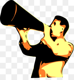 A stylized illustration of a shirtless man shouting into a black megaphone with high-contrast yellow and black coloring.