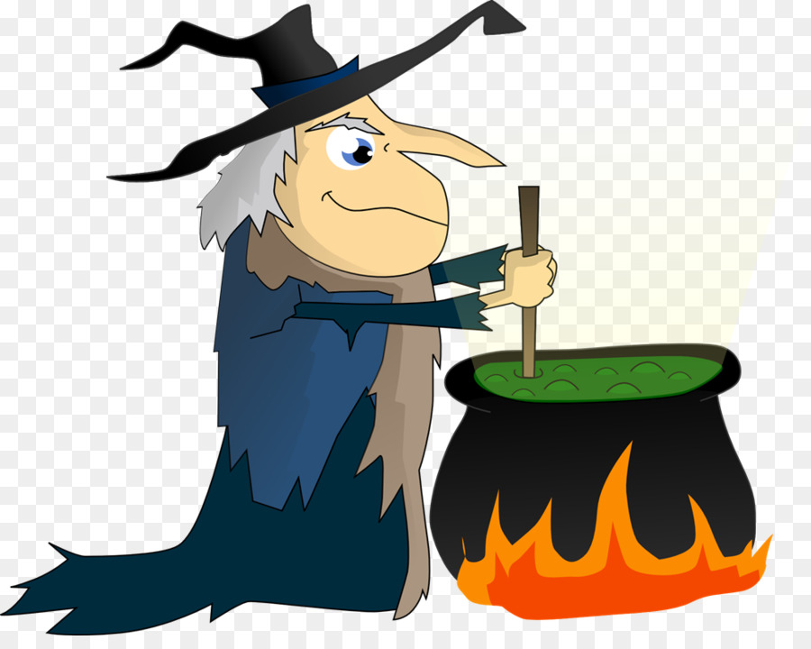 Cartoon witch with pointy hat stirring green potion in a bubbling cauldron over flames.