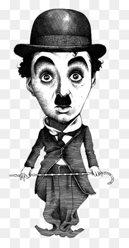 Caricature of Charlie Chaplin in bowler hat, mustache, cane, and oversized shoes, black-and-white sketch style.