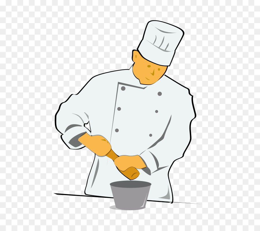 Cartoon chef in white uniform and toque stirring a bowl with wooden spoon.