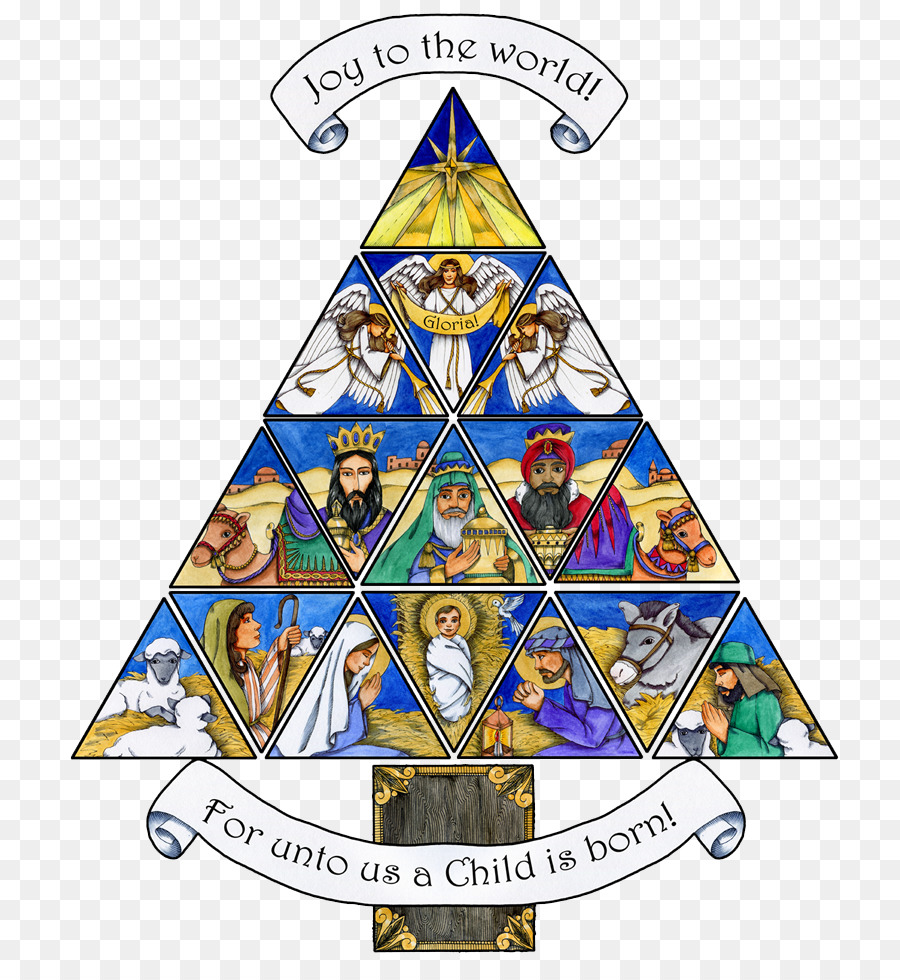 Nativity Story Christmas Tree Illustration - Biblical Scenes in Stained Glass