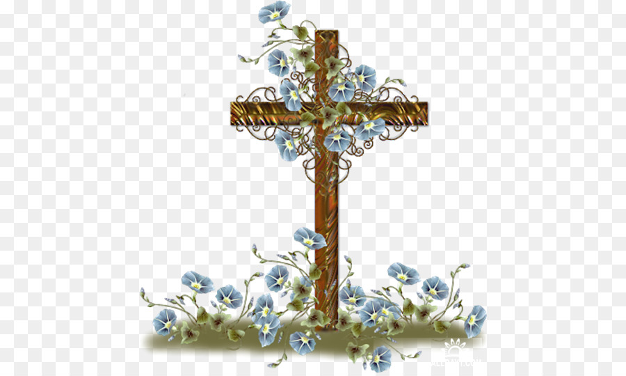 A wooden cross adorned with blue morning glory flowers and green vines on a transparent background.