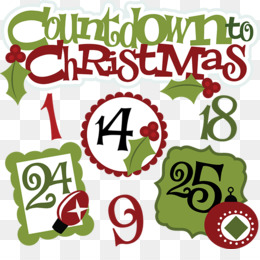 Festive Christmas countdown graphic with numbers 1, 9, 14, 18, 24, 25 in decorative frames and holly accents.
