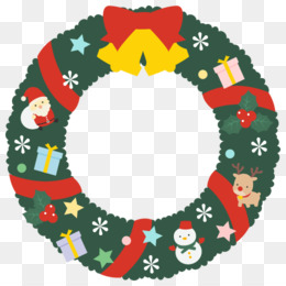 Festive green Christmas wreath with red ribbon, yellow bells, snowmen, reindeer, gifts, and stars on transparent background.