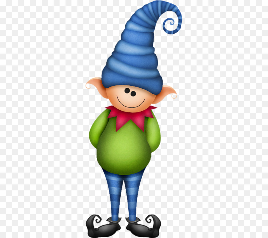Cheerful cartoon elf with blue spiral hat, green tunic, red collar, striped pants, and curled black shoes.