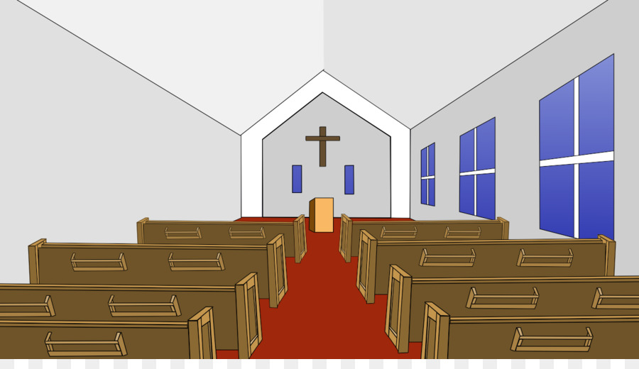 Interior view of a simple church with wooden pews, red carpet aisle, cross on altar, and blue stained-glass windows.