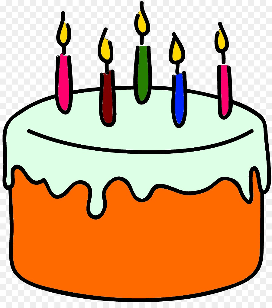 Orange birthday cake with light green frosting and five colorful lit candles.