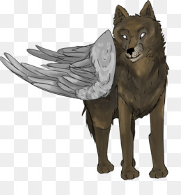 Brown wolf with large gray feathered wings standing alert on transparent background.