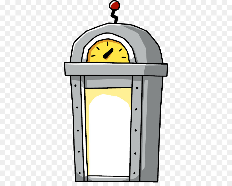Cartoon-style metallic time machine with yellow gauge and red antenna on top.