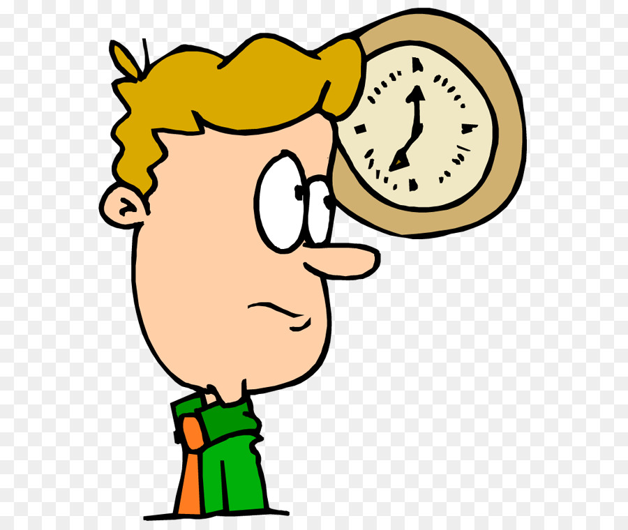 Cartoon boy with worried expression holding a large analog clock near his head.