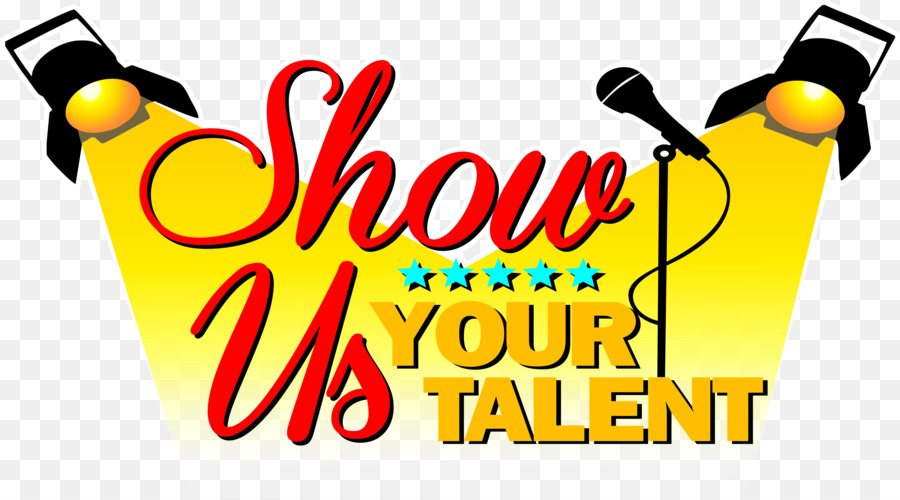 "Show Us Your Talent" logo with spotlights, microphone, and stars on yellow background.