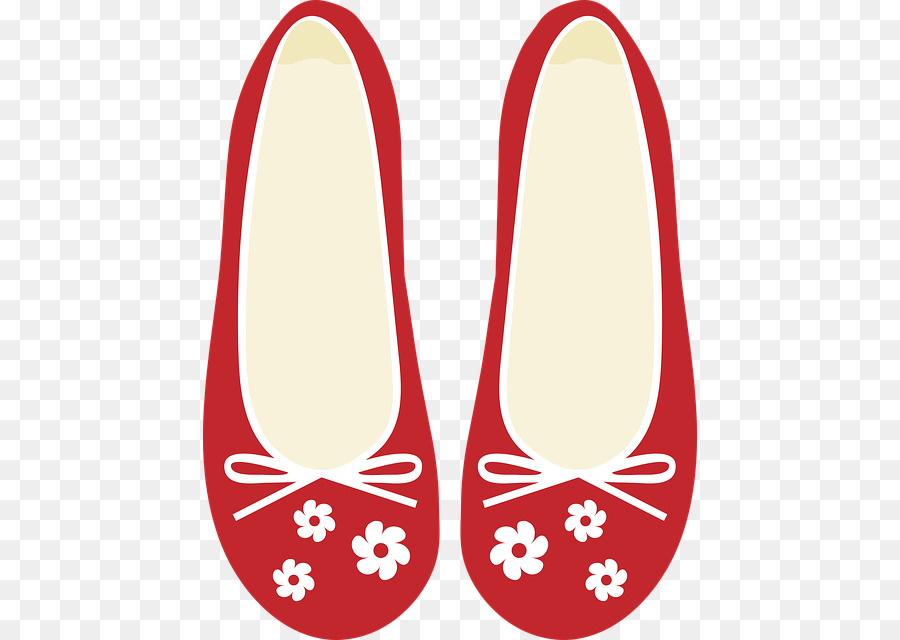 Red ballet flats with white floral embroidery and bow details on a transparent background.