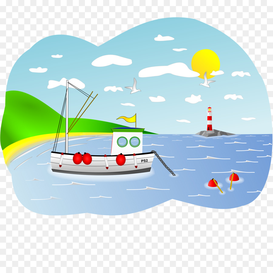 A cartoon fishing boat labeled PS2 floats near a red-and-white lighthouse, with buoys, seagulls, and a sunny coastal scene.