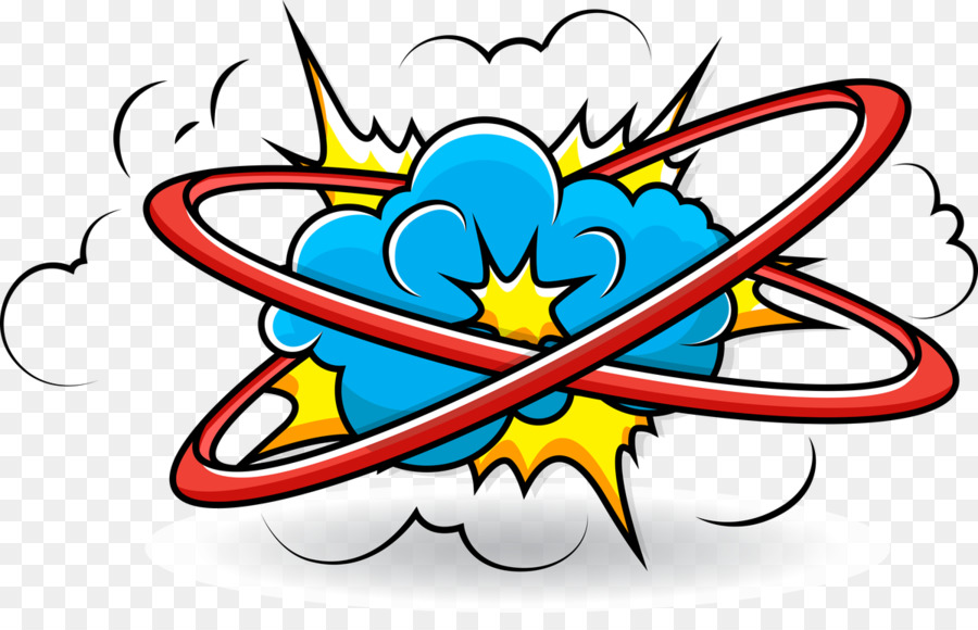 Comic-style explosion with blue smoke, yellow starburst, and red atomic rings on transparent background.
