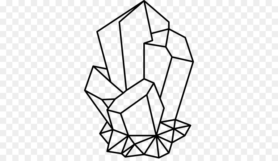 Line art illustration of a geometric crystal cluster with sharp facets and transparent appearance.