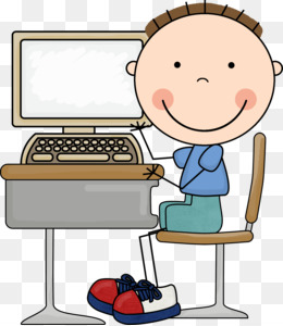 Smiling cartoon child typing on a vintage computer at a desk with red sneakers nearby.