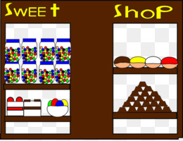 Colorful cartoon illustration of a sweet shop with shelves of candies, chocolates, and lollipops.