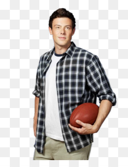 Young man in plaid shirt holding an American football, standing against transparent background.