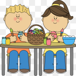 Two cartoon children coloring Easter eggs at a table with a basket of colorful eggs and dye cups.