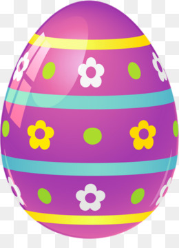 Decorative purple Easter egg with yellow and teal stripes, white and yellow flowers, and green polka dots.