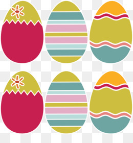 Six colorful Easter eggs with floral and striped patterns on transparent background.