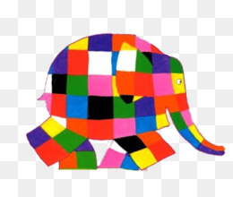 A vibrant patchwork elephant made of colorful squares and rectangles, reminiscent of Elmer the Elephant.