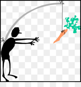 A stick figure reaches for a carrot dangling from a fishing line, symbolizing temptation or motivation.