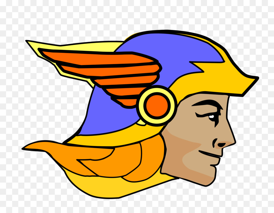 Stylized cartoon profile of a hero wearing a winged golden helmet with blue crest and orange plume.