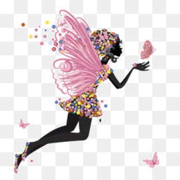 A whimsical fairy with pink wings, floral dress, and butterfly motifs, mid-flight against a transparent background.