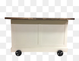 Cream-colored mobile kitchen island with wooden countertop and black caster wheels.